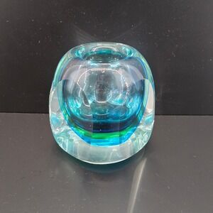 Murano Flavio Poli Sommerso Block Vase Faceted Turquoise Blue Green Heavy 4 Inch